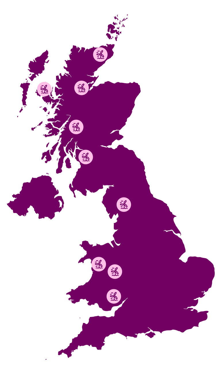Illustrated map of the UK with marker icons depicting wind turbines