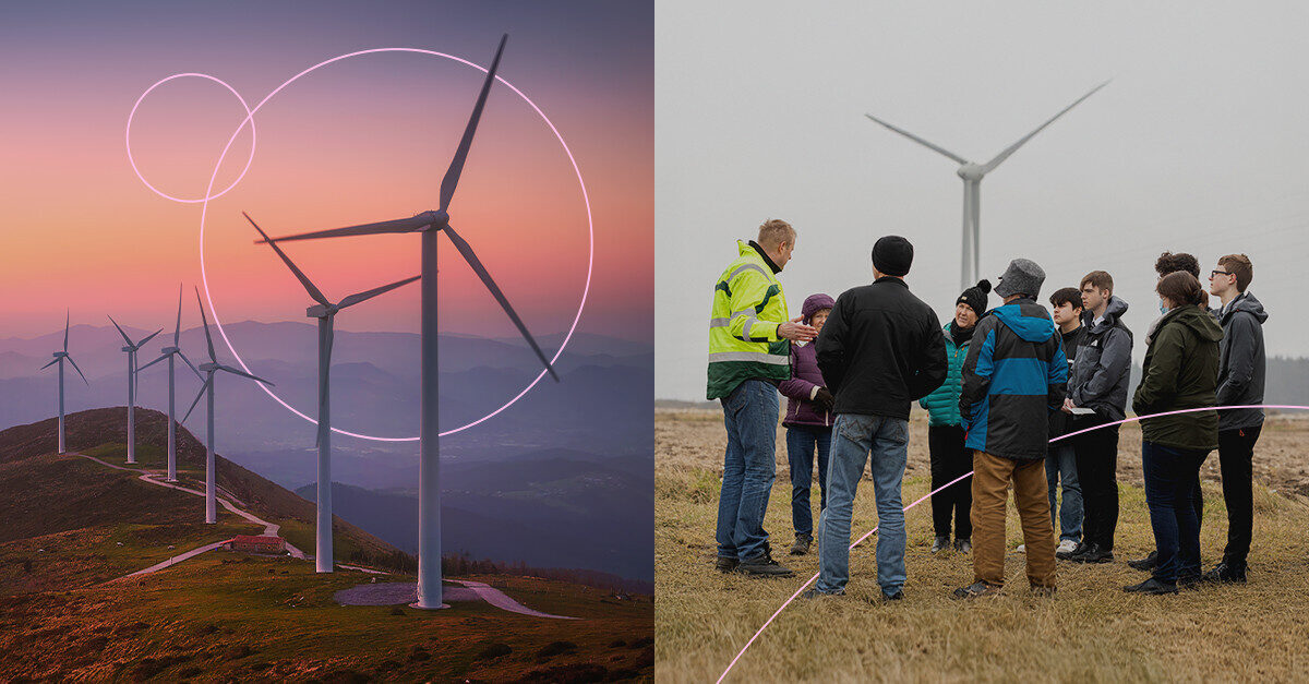 Split composite of two images; on the left is a row of wind turbines on a ridge, on the right is a group of people standing in front of a wind turbine