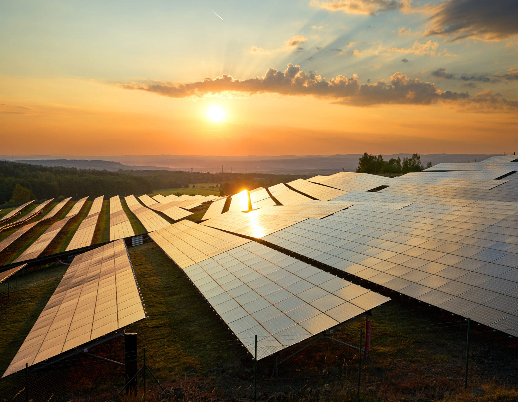Solar farm with the sun reflecting on solar panels
